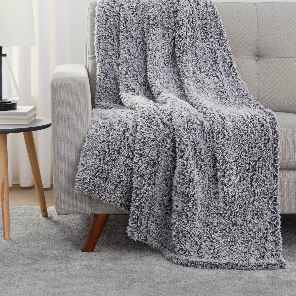 Extra Plush Gray Lightweight Sherpa Throw Blanket, 50" X 60"
